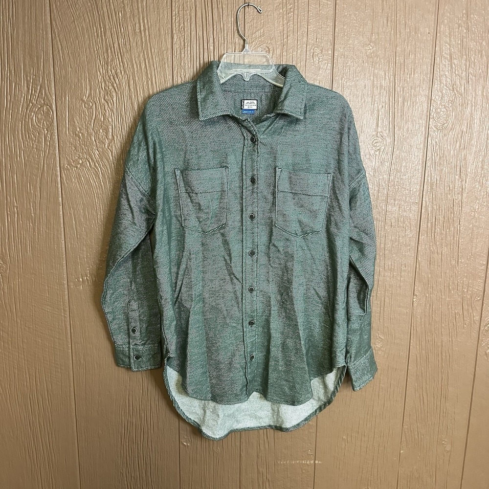 Kavu Men's Iclyn Button Down Shirt Green Cotton Size Small Stand Collar Outdoor